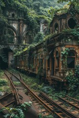 Fototapeta premium Abandoned Train Station Overtaken by Nature with Rusted Train and Overgrown Vines