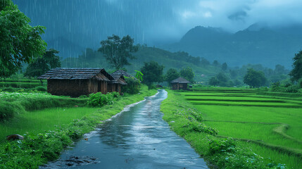 Fototapeta premium Beautiful view of mountains and colorful houses in a small village in India on a rainy day. Asian village in a rainy day. Generative Ai