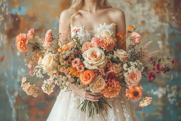 Bride Holding Elegant Floral Bouquet. Bride in an off-shoulder lace dress holding an elegant floral bouquet with pastel-colored flowers.