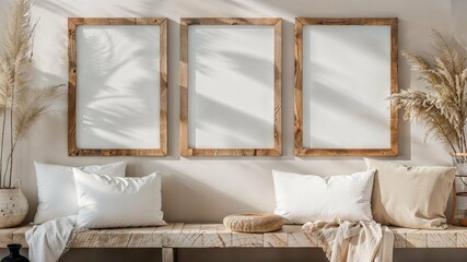 Three picture frame mockup. Boho interior design with three vertical wood frames. Art gallery wall