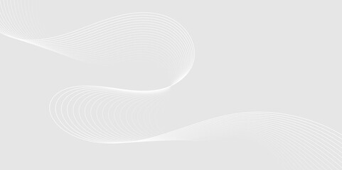 Abstract white wave dynamic curve lines on gray background with flowing particles. Digital energy waves technology concept. Modern backdrop design for business, presentation, banner.