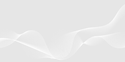 Abstract white wave dynamic curve lines on gray background with flowing particles. Digital energy waves technology concept. Modern backdrop design for business, presentation, banner.