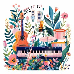 Floral Music Studio with Guitar, Keyboard, Saxophone, and Drums