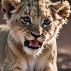 Obraz premium A close-up of the lion cub's face while it's playfully interacting with its surroundings, curious expression