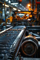 Fototapeta premium Industrial Manufacturing Process with Gears and Conveyor Belt in Factory Setting