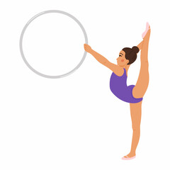 gymnast girl in a purple swimsuit does an acrobatic element with a hoop. An illustration on the topic of sports.