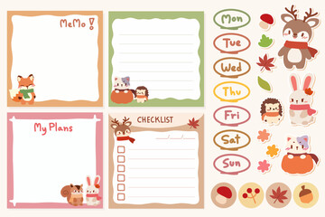 Kawaii Autumn Memo Set.Cute Planner Stickers and Note Templates. Adorable Fall Themed Planner Kit. Memo Notes and Stickers. Cute Animal Autumn Planner. Stickers, Memos, and Weekly Planner.