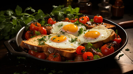 Fried egg, beans, tomatoes, mushrooms, bacon and toast