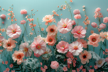 Delicate Peach and Pink Ranunculus Bouquet. Close-up of a bouquet of delicate peach and pink ranunculus flowers with a soft green background.