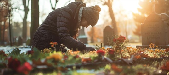 Heartfelt Remembrance During Autumn at Cemetery - Touching Moment of Placing Flowers on Loved One's Grave