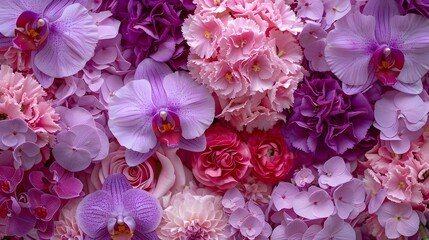 Colorful flower bouquet background made of pink and purple carnation and orchid flowers wall for background and wallpaper. 