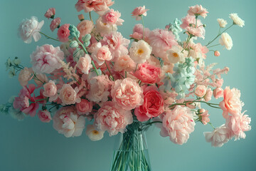 Delicate Peach and Pink Ranunculus Bouquet. Close-up of a bouquet of delicate peach and pink ranunculus flowers with a soft green background.