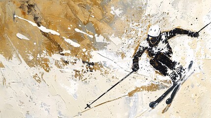 Wheat and white abstract art of a skier