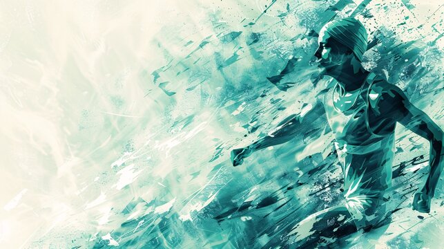 Teal and white abstract art of a marathon runner
