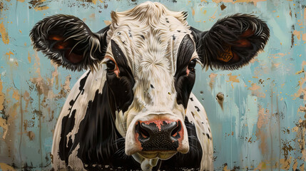 Close-up portrait of a black and white cow against a rustic background