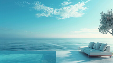Fototapeta premium Luxurious ocean views from the hotel pool. Hotel resort poolside backdrop.