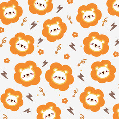 Kawaii Cute Pattern with Lion Faces and Flowers. Kawaii Lion and Flower Pattern Design.