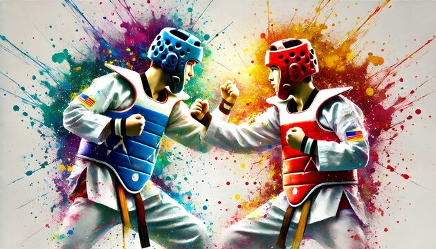 Two Taekwondo athletes with different colored headguards competing in a color splash watercolor painting.