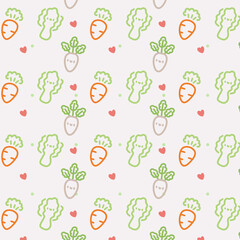 Kawaii Vegetable Pattern. Cute Carrots, Radishes, and Lettuce Design. Cute Vegetable Pattern with Adorable Carrot, Radish, Lettuce Illustration.
