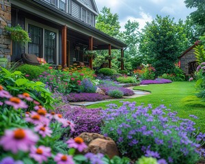 Naklejka premium Serene Oasis: Captivating Backyard with Flowering Shrubs and Lush Greenery