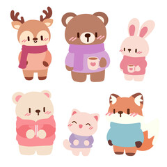Cute Winter Animal Illustrations. Kawaii Characters in Cozy Outfits. Adorable Winter Animals. Cartoon Characters with Warm Clothing. Kawaii Winter Animal Friends.