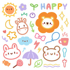 Cute doodle hand drawn kids set.Cute Doodle Animals and Happy Elements. Colorful Kawaii Illustrations with Fun Designs. 