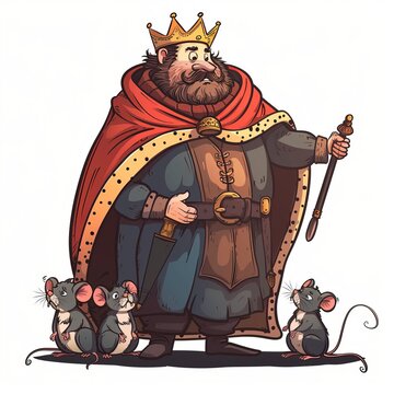 recommend clip art: Cartoon illustration of a medieval king with a red cape and golden crown standing with three small mice