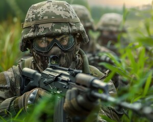 Fototapeta premium Soldiers in Combat Gear Aiming for Victory A Close-Up Look at the Determination of Armed Forces Personnel in the Face of Conflict See the Focus and Intensity in Their Eyes as They Prepare to Engage