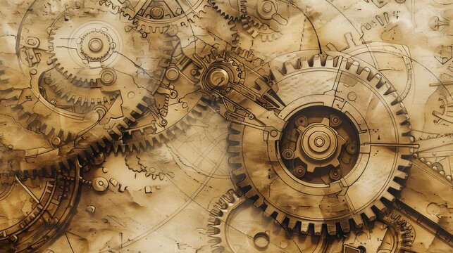 Intricate Vintage Gears and Mechanical Parts Illustration with Sepia Tone for Engineering Design and Print