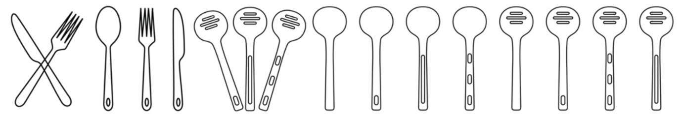 Fork, knife, spoon and plate set icons line art. Tableware set flat style. Dinnerservice collection. Plate, fork and knife. Dinner service.