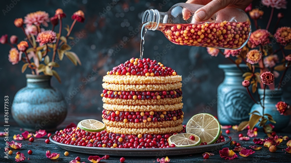 Wall mural   A person pours sugar onto a cornbread cake adorned with cranberries