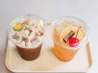 Various cold beverages drinks iced coffee and cola hand made