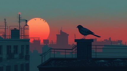 A Lonely Bird on a Rooftop at Sunset