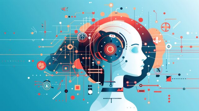 AI research, futuristic technology, flat design illustration