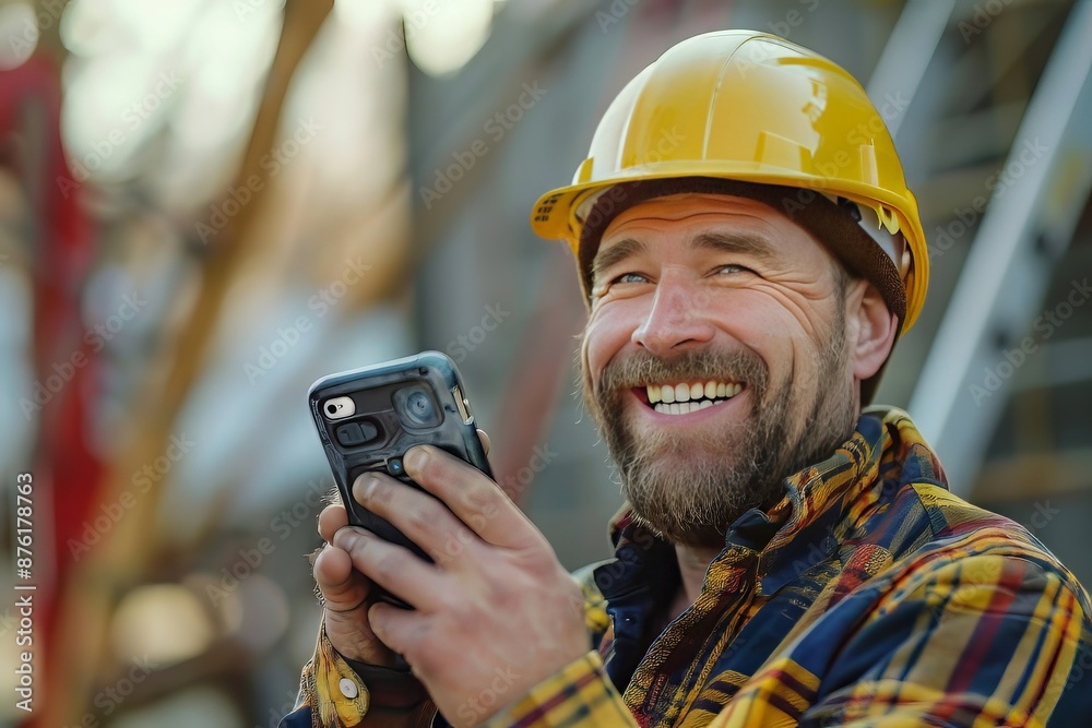 Wall mural construction worker in hardhat smiling while using smartphone on construction site