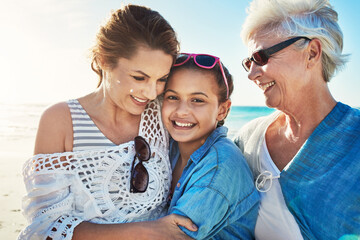Grandma, mother and girl in portrait on beach, vacation and holiday adventure with embrace in Florida. Multigenerational family, grandparent and mom with daughter for bonding, caring and hug by sea