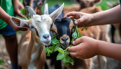 people are feeding leaves to goats on a farm by hand.