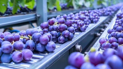 purple grape on conveyor belt rollers or production line, automated industrial factory manufacture