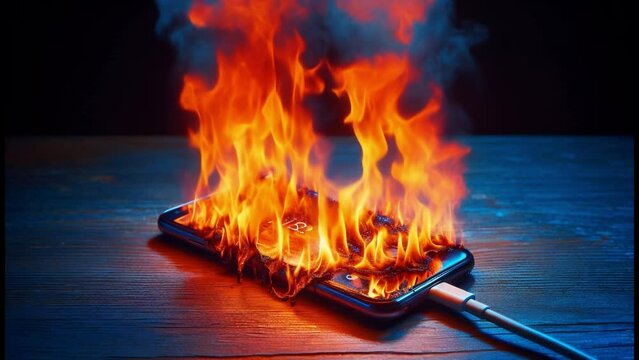 Mobile phone battery overheated burning flames. Smartphone on fire. Burning smartphone with bad battery exploded or overloaded processor