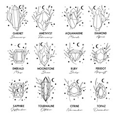 Birth month gems set, vector hand drawn isolated line art gemstones silhouettes, celestial elements and plants for greeting cards and invitations