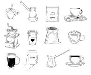 Coffee line drawing illustrations, coffee beans, cup of coffee, coffee grinder, coffee turk hand drawn vector set