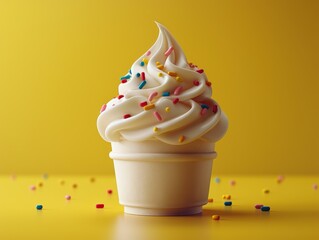 Soft serve ice cream with sprinkles in a cup against a yellow backdrop