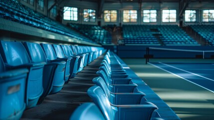 Fototapeta premium Tennis Courts Stadium Seating: A photo featuring empty tennis courts with stadium seating