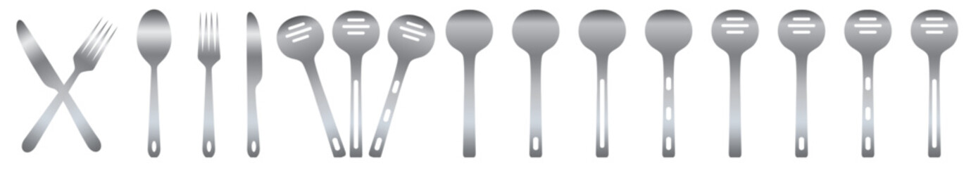 Fork, knife, spoon and plate Stainless Steel set icons. Tableware set flat style. Dinnerservice collection. Plate, fork and knife. Dinner service.