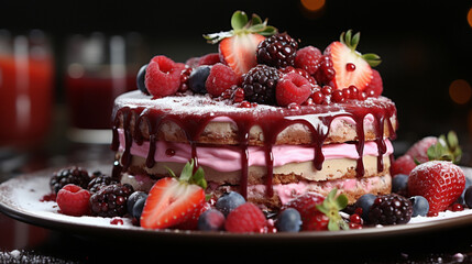 strawberry cake red powdered sweet delicious round on grey desk