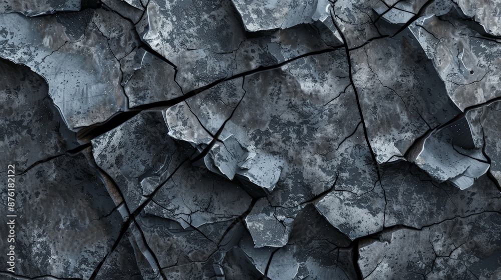 Poster a close-up view of a cracked and rugged stone surface, featuring intricate details of the natural te
