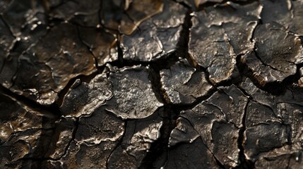A detailed close-up image of a metal surface exhibiting a rustic, cracked texture. The metallic sheen and intricate cracks create a mesmerizing and artistic visual effect.