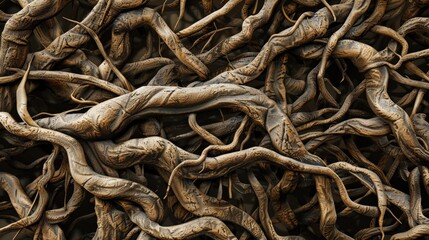 Fototapeta premium This image captures the detailed texture of intertwining tree roots, presenting a complex and organic pattern that symbolizes the strength and connection found in nature.
