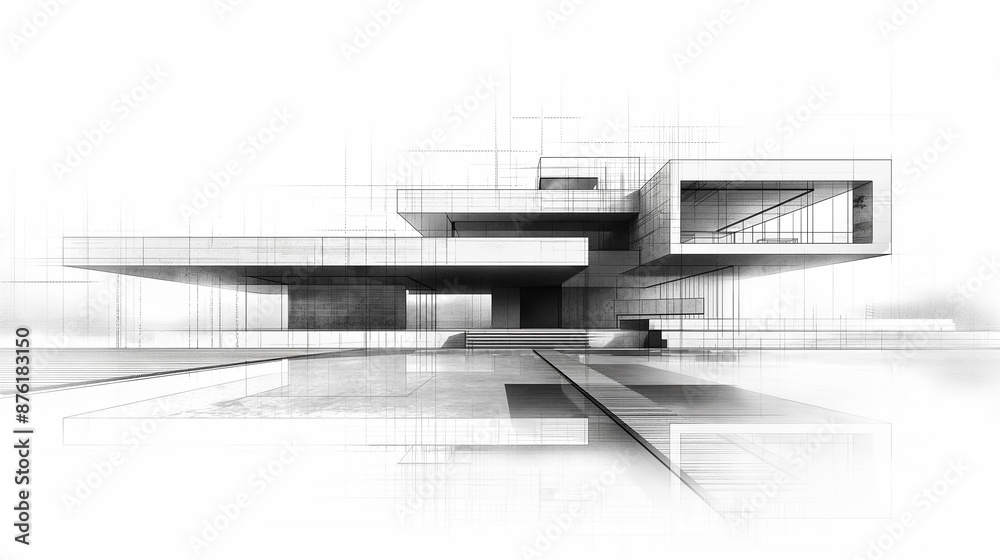 Poster modern architecture design being drawn by an architect on white background