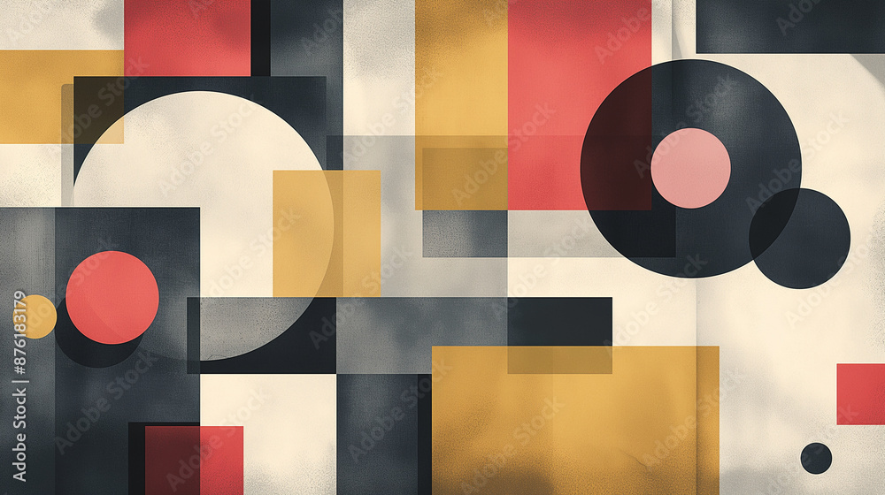 Poster Abstract geometric background with overlapping shapes and circles in red, yellow, black, and gray